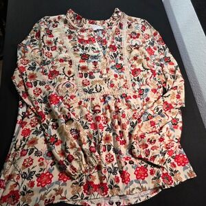 LOFT Women Red Airy Floral Boho Ruffle Neck Crochet Lace Trim Blouse Top Large